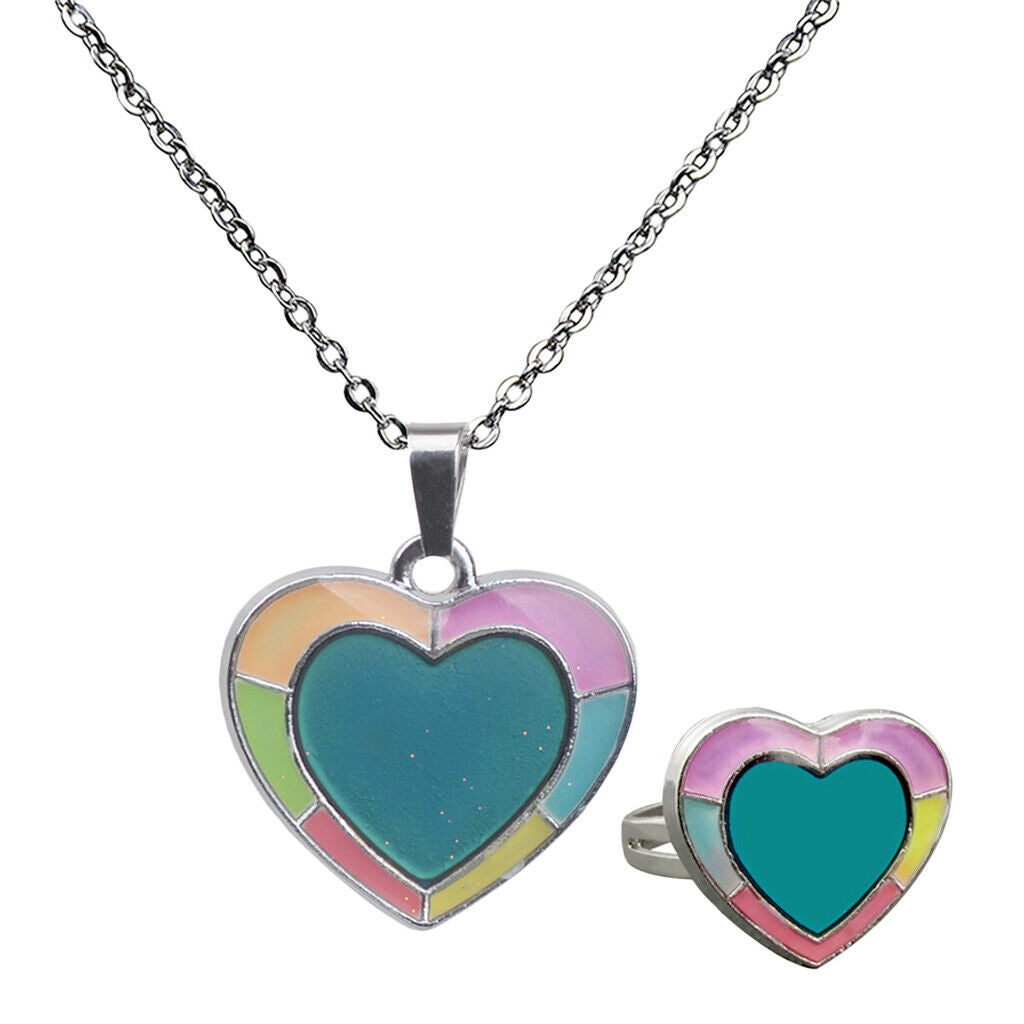 Womens Heart Shape Mood Change Color Heart Necklace Ring Jewelry Set