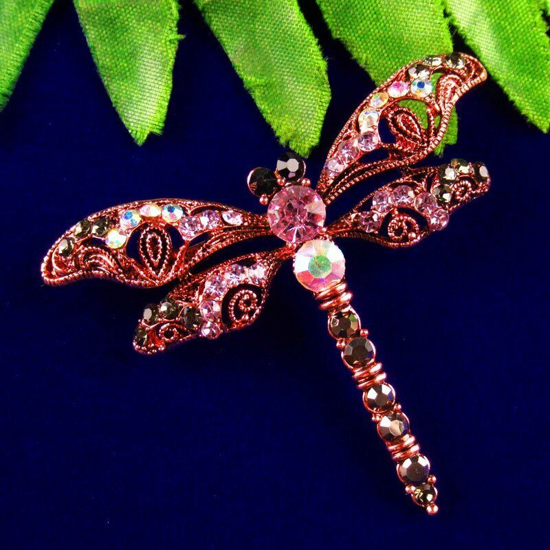 Brass Bronze Crystal Rhinestone Hollowing Dragonfly Brooch 60x48x5mm A2864