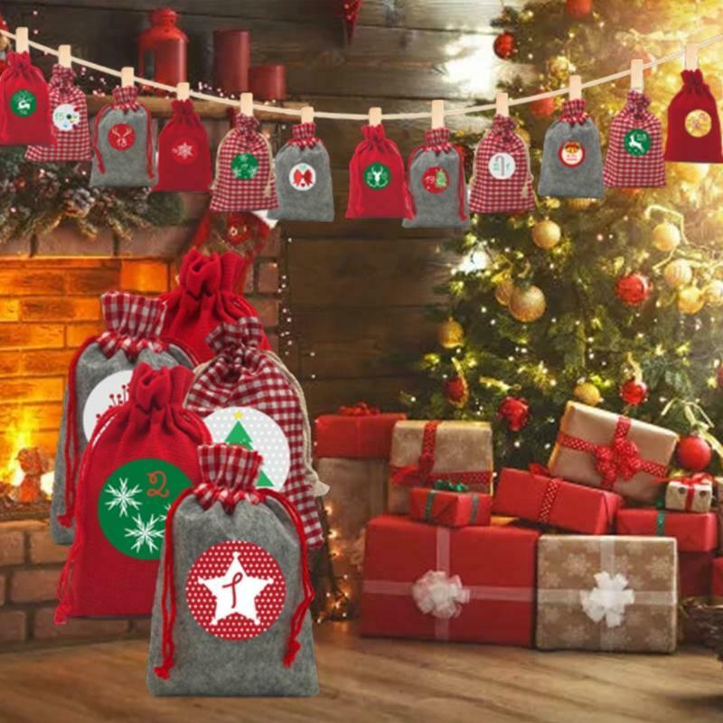 2021 Red Christmas Advent Calendar 24 Days Hanging Drawstring Candy Bags DIY