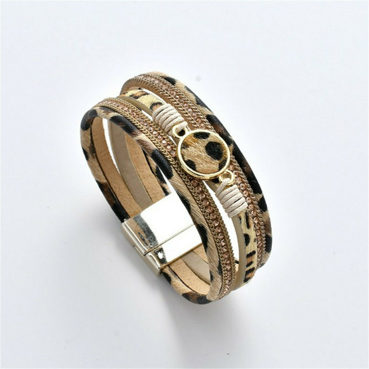 Unisex Animal Leopard Print Bracelet Wrap Multilay Magnetic Clasp Bangle Jewelry