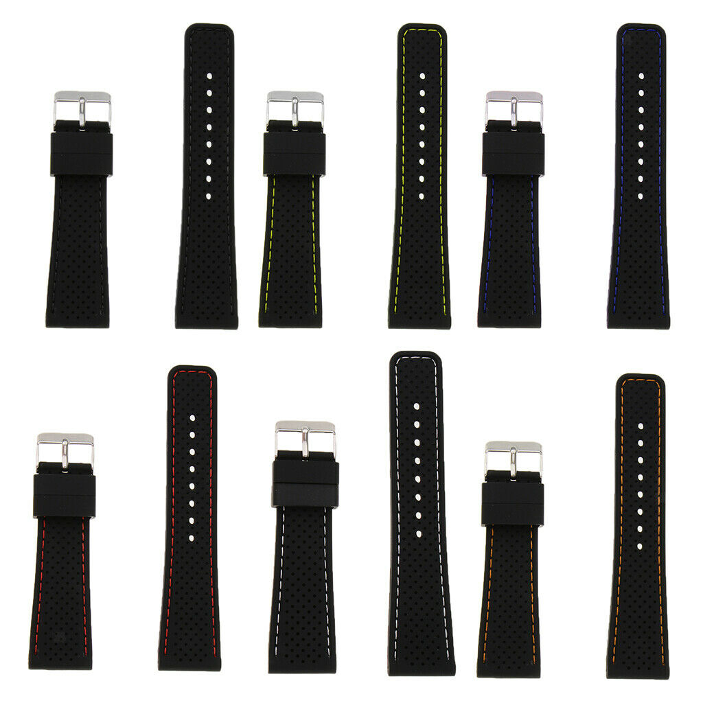 Soft 24mm Black Silicone Rubber Watchband with Stitch Line Black Stitch