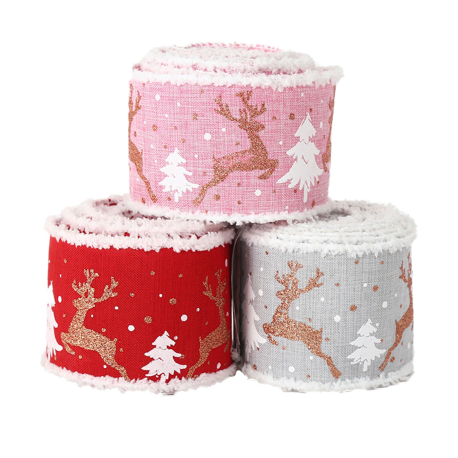 3 Rolls 5m Christmas Ribbon Linen Wired Edge Handmade Craft for Decoration