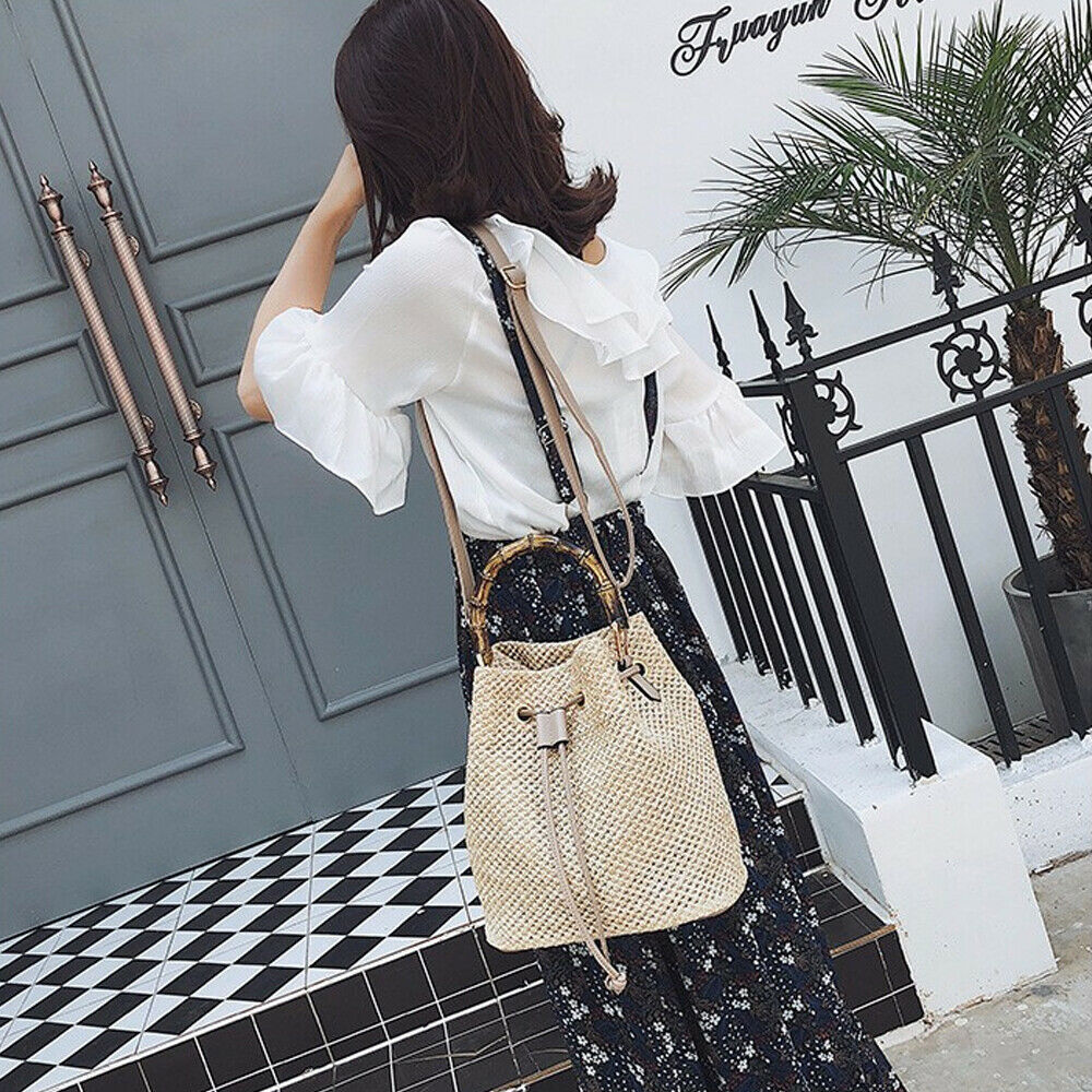 Stylish Draw String Straw Handbags Tote Bench Travel Rttan Women's Shoulder Bags