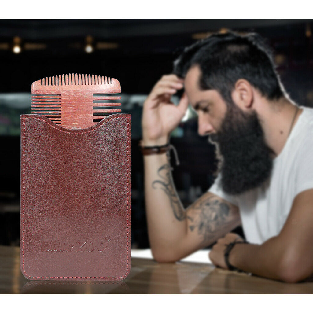 4 Sided Men Wooden Beard Mustaches Comb Case Fine Coarse Teeth Brown Pouch