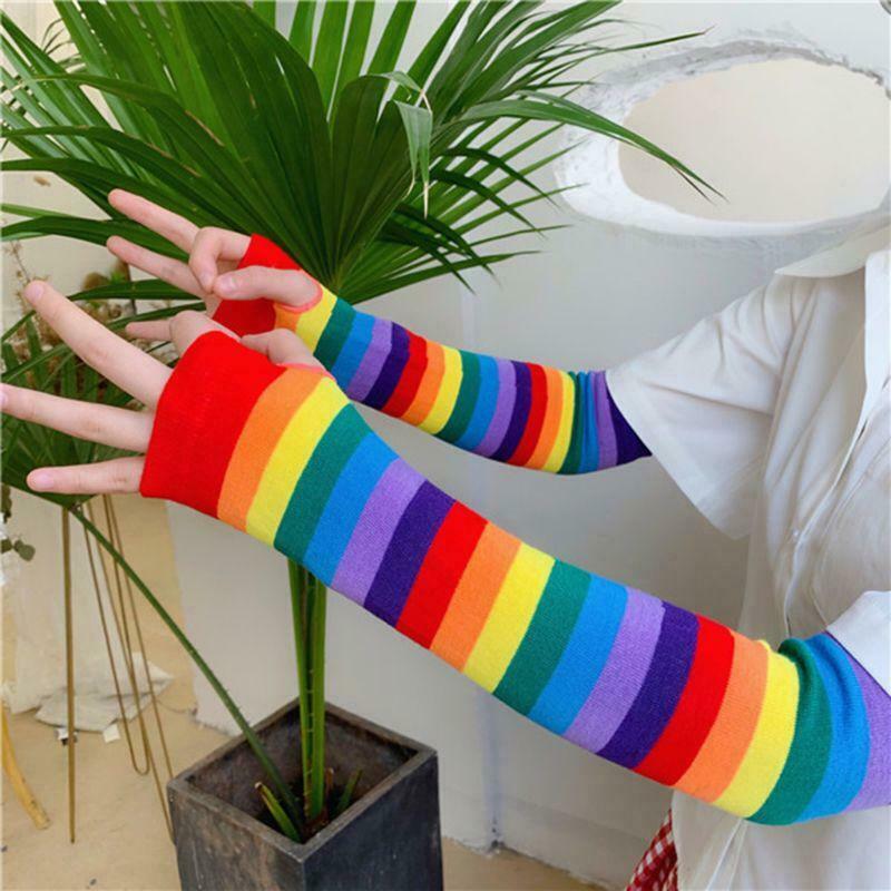 Women Girl Harajuku Elbow Length Fingerless Arm Sleeve Warmer Rainbow Colored