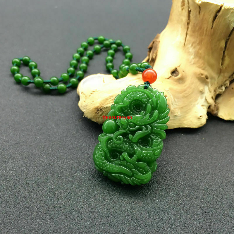 Natural Green Hand-carved Chinese Hetian Jade Pendant - Dragon-Free Necklace100%