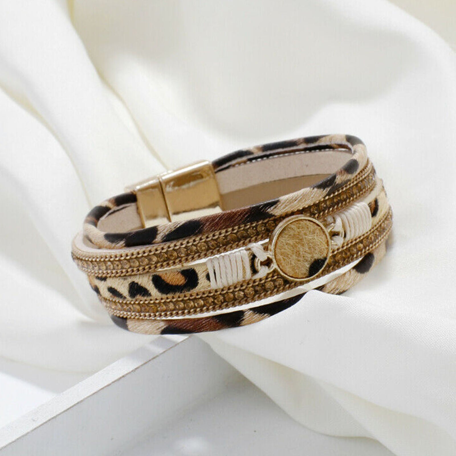Leopard Grain Fur Chain Multi-layer Leather Wrap Bracelet Charm Bangle For Women