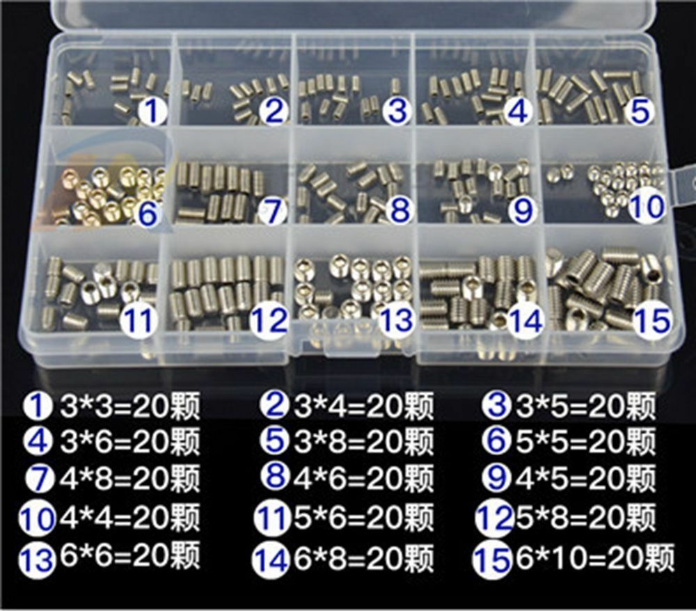 300Pcs a Set M3 M4 M5 M6 Mix 304 Stainless Steel Screws Groove End Hex Socket