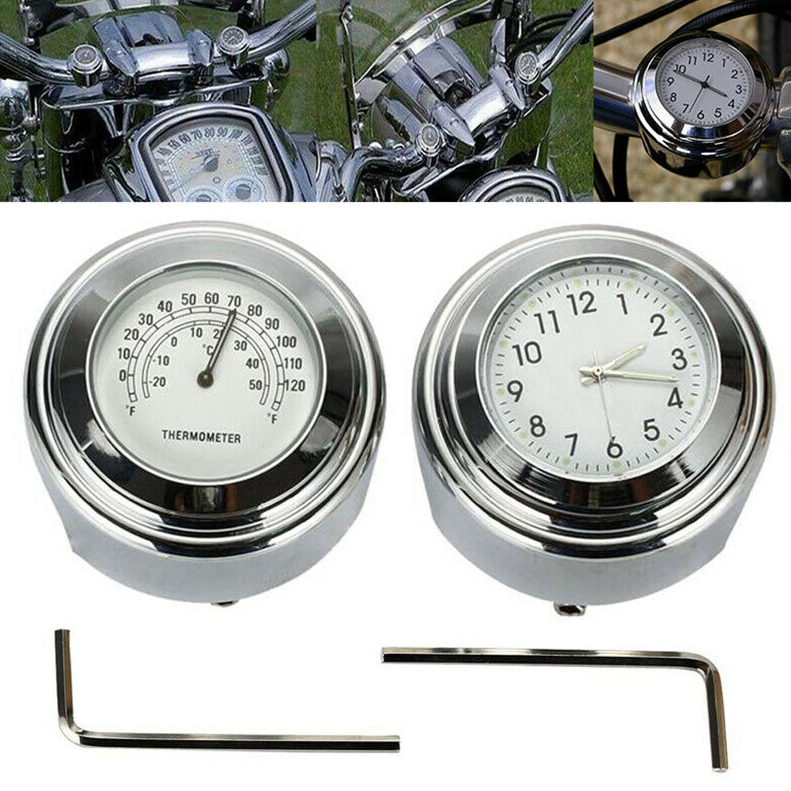 7/8" 22mm Handlebar Dial Clock Thermometer Temp Gauge Set for Motorcycle Chopper