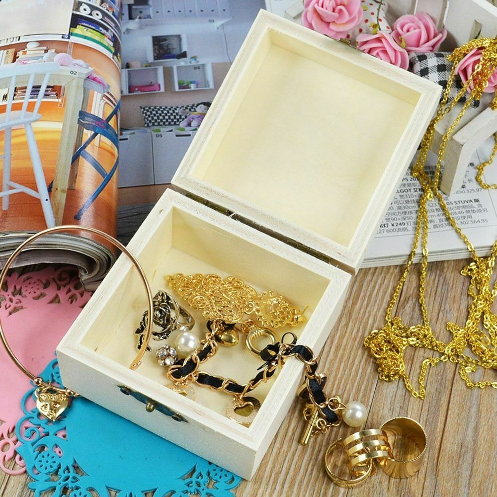 Square Mud Base Wood Jewelry Box 8.2cm Art Decor DIY Nice Wooden Crafts Toys