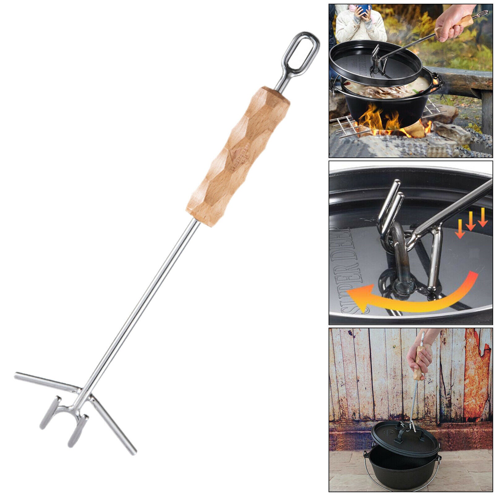 Camping Oven Lid Lifter Beech Handle Lifting&Carrying Dutch Ovens 14inch