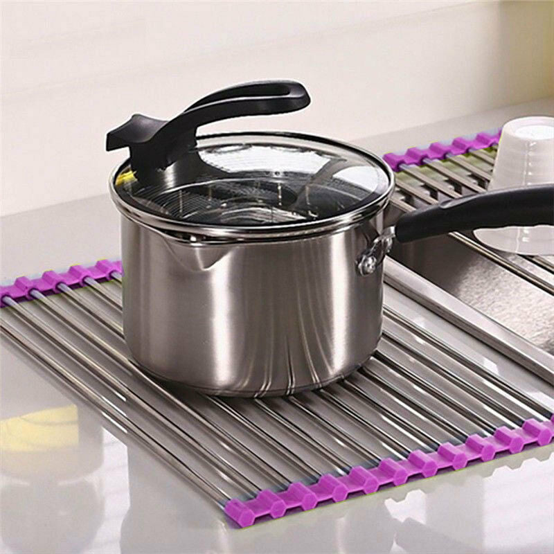 Dish Drainer Pliable Slip Sink Basin Strainer Rest Flat Fuchsia - New