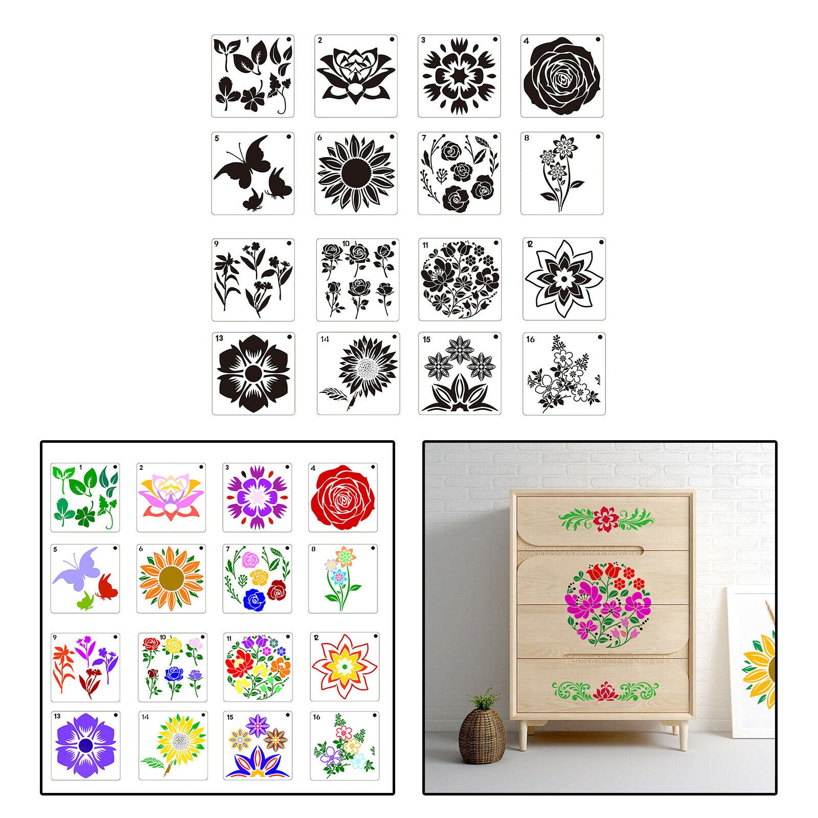 16x Flowers Pattern Plastic Painting Drawing Template Stencil for Decor Card
