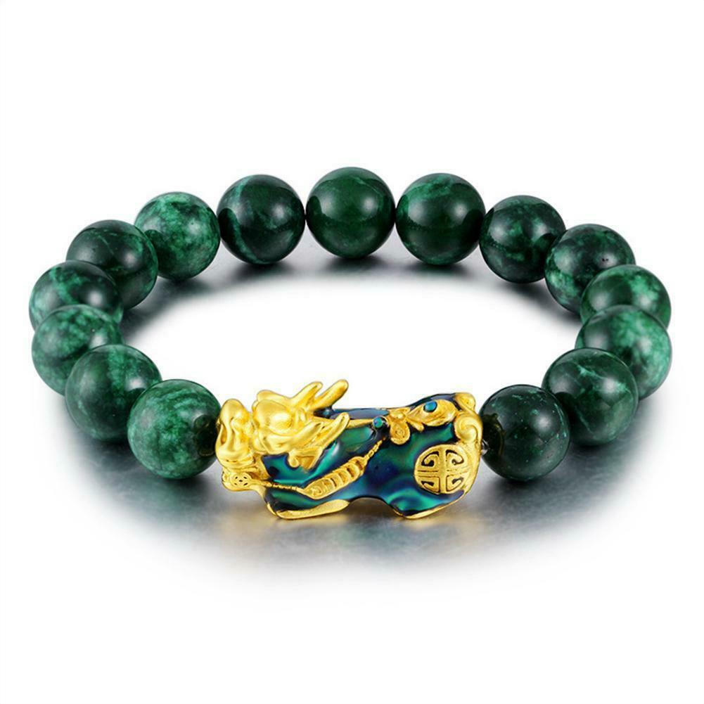 Natural Green Jade  Beads Wealth Golden Feng Shui Pixiu Bracelet 10mm Gift