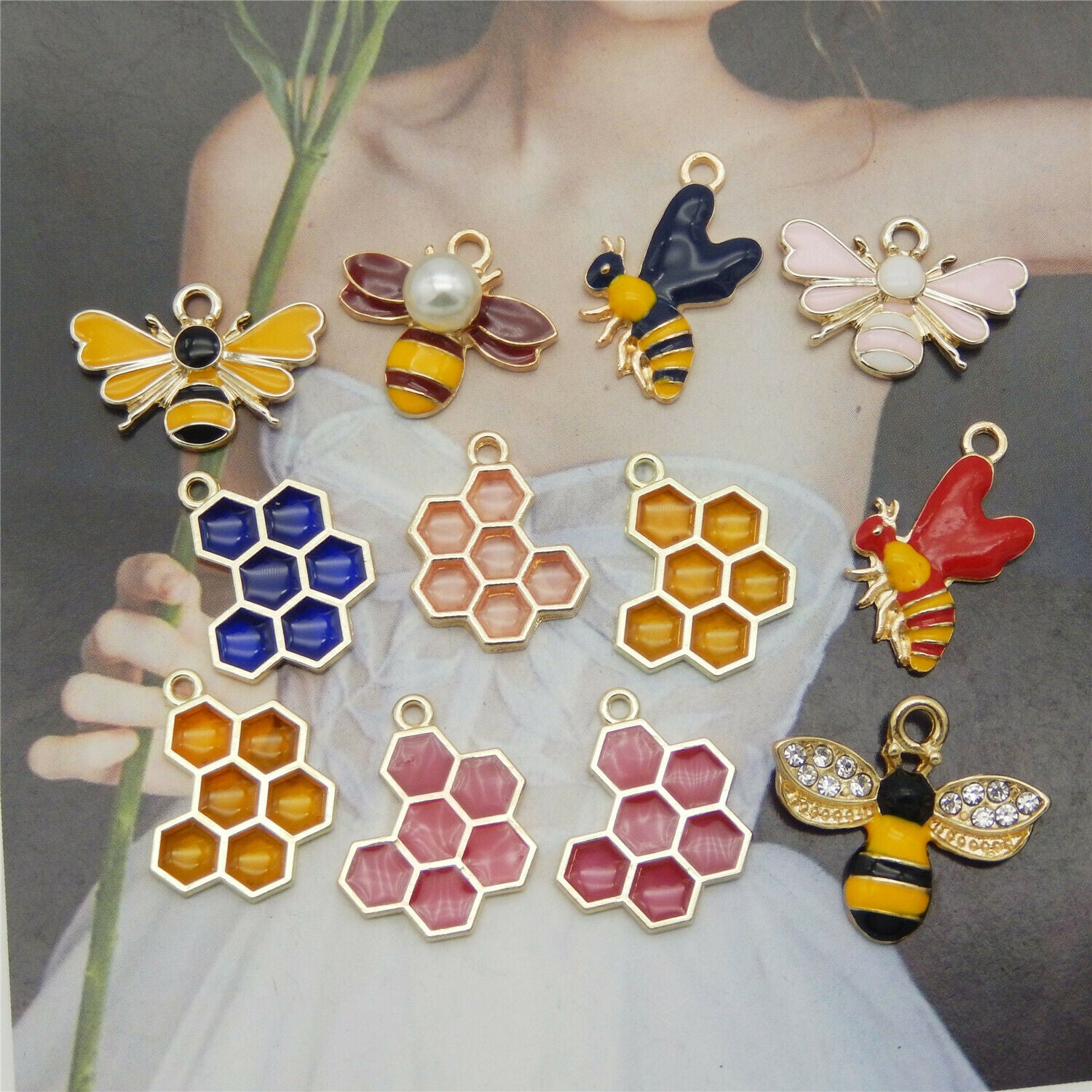 12 PCS Assorted Honeycomb Enamel Charm Bee Pendant for Bracelet Necklace Craft