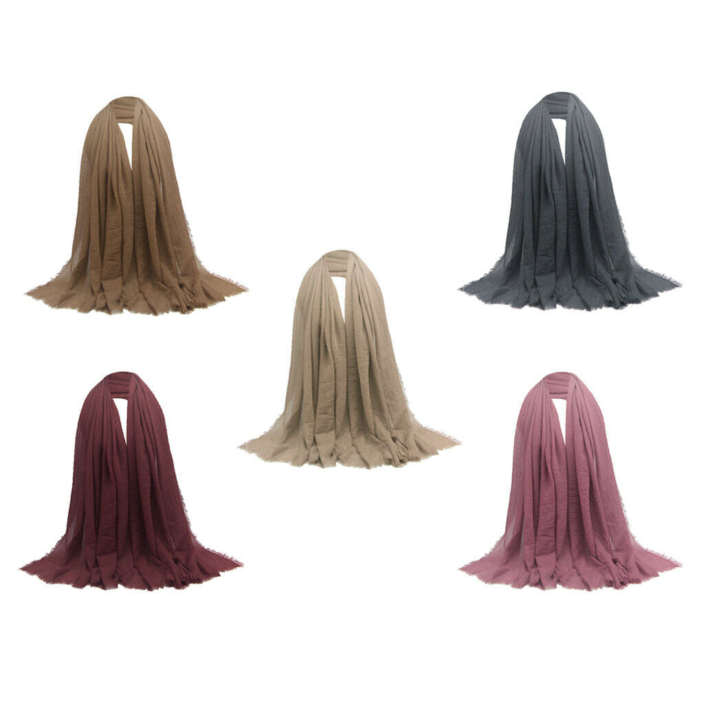 5x Womens Cotton Long Scarf Solid Pleated Hijab Shawl Turban Headscarf