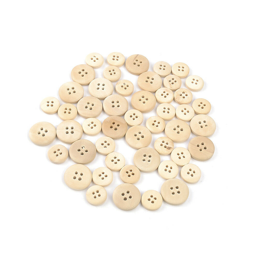 50 PCS Mixed Wooden Buttons Natural Color Round 4-Holes Sewing Scrapbooking Set