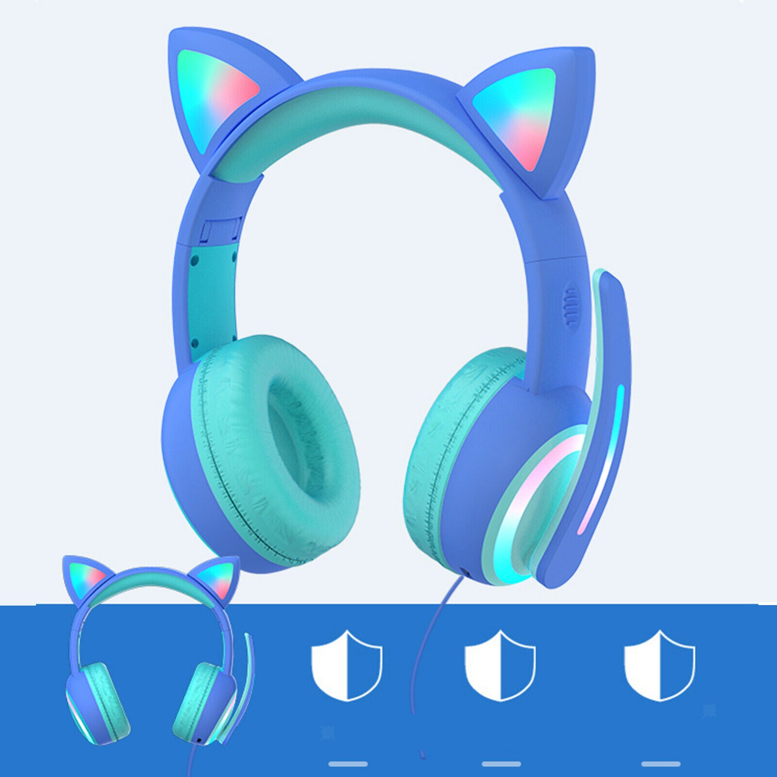 Kid LED Fashion Cute Cat Ear Headphones On-Ear Headsets with Mic Foldable Wired