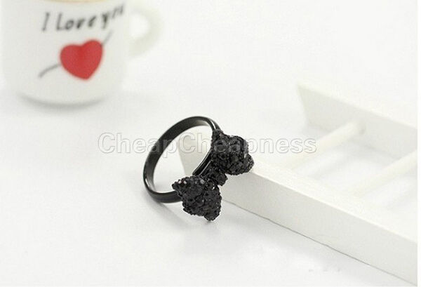 2X Black Rhinestone Crystal Bowknot Tie Ring Adjustable Bow Women Jewelry.l8