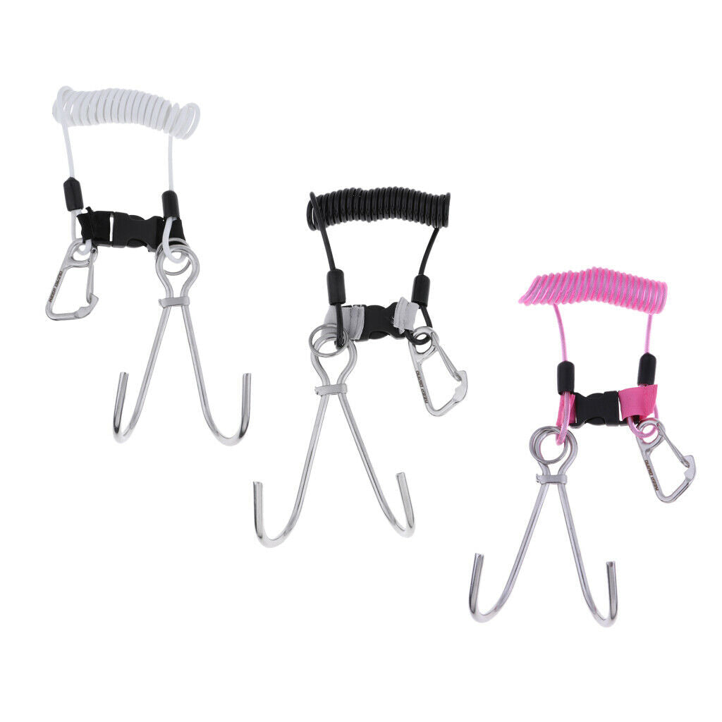 Scuba Diving Stainless Steel Dual Reef Hooks w/Spiral Coil Lanyard White