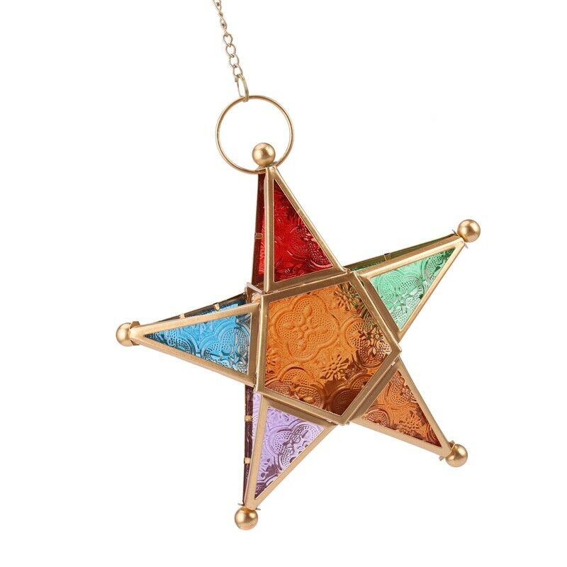 Multicolour Glass Star Votive Tea Light Candle Holder Hanging Lighting LanternR1
