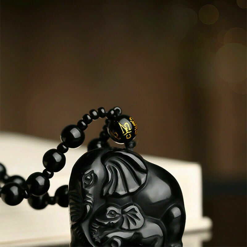 New Obsidian Hand Carved Elephant Lucky Pendant Beads Black Necklace