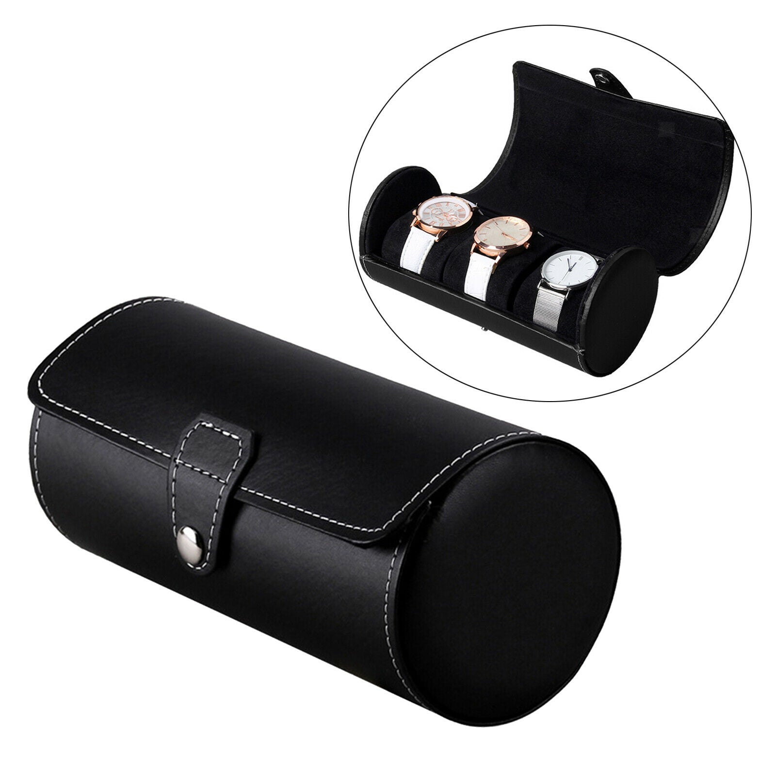 Stylish 3Slot PU Watch Roll Container Box for Wristwatch Holder Black