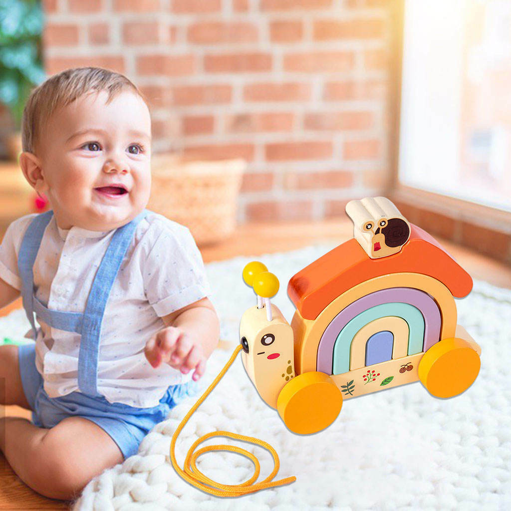 Wooden Rainbow Stacker Montessori Development Color Toys Drag Learning Car