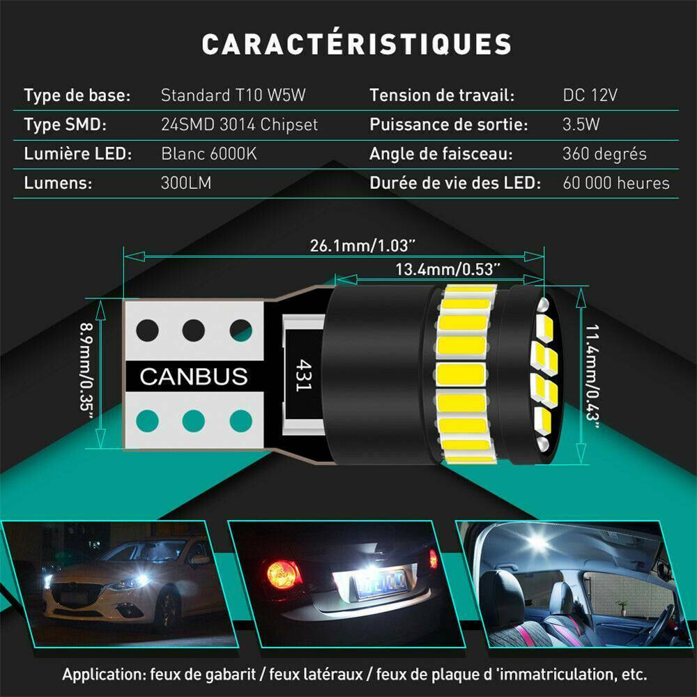 2X T10 501 194 W5W SMD 24 LED Car HID White CANBUS Error Free Wedge Lights Bulb