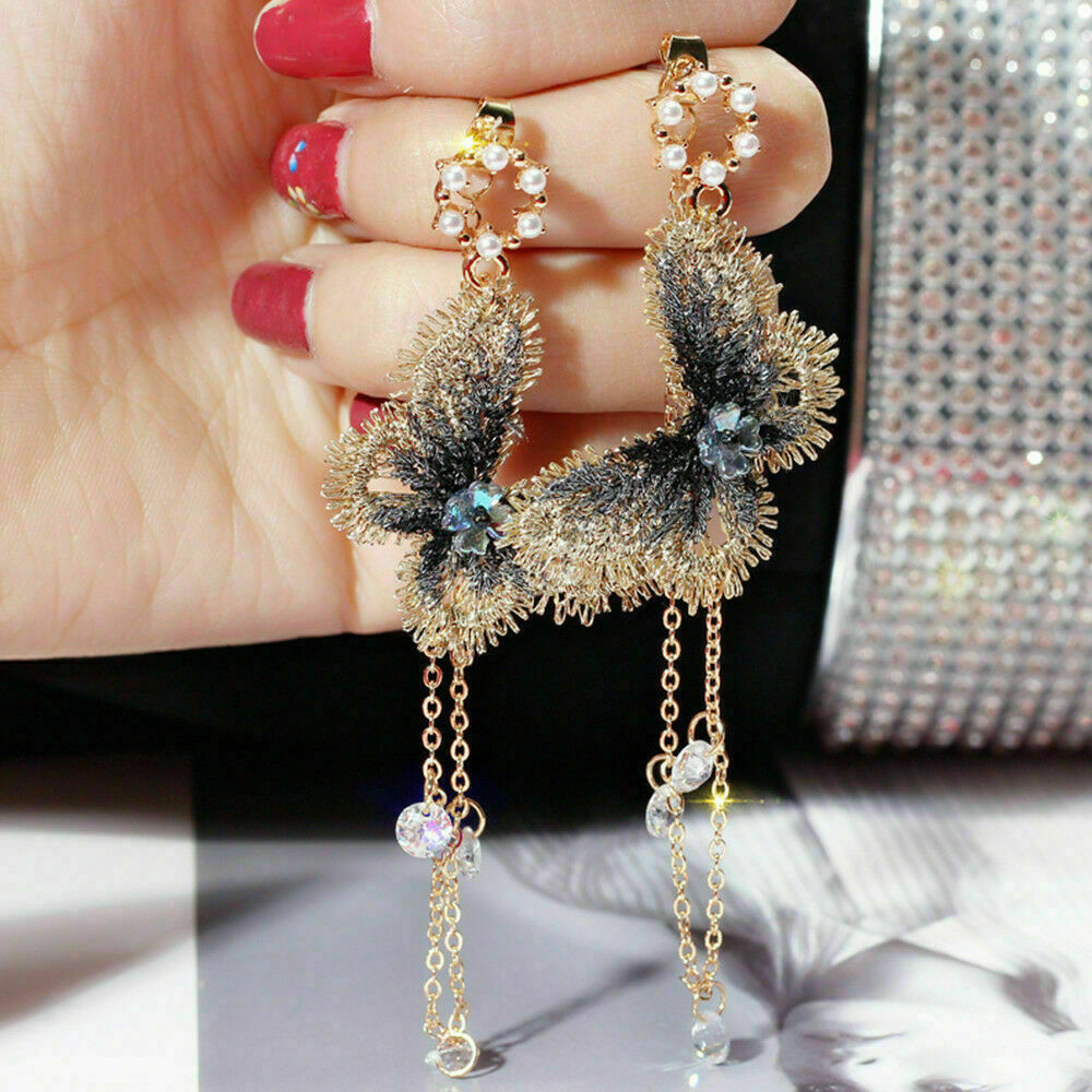 Fashion Embroidery Butterfly Long Tassel Crystal Drop Dangle Earrings Jewelry