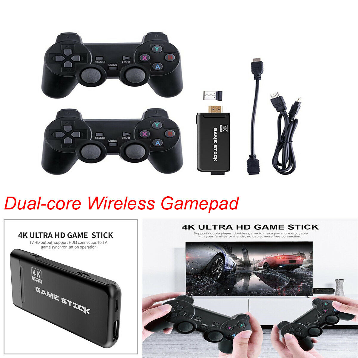 Mini 4K - TV Game Stick 64GB Card 10000+ Retro Classic Game Console Handle