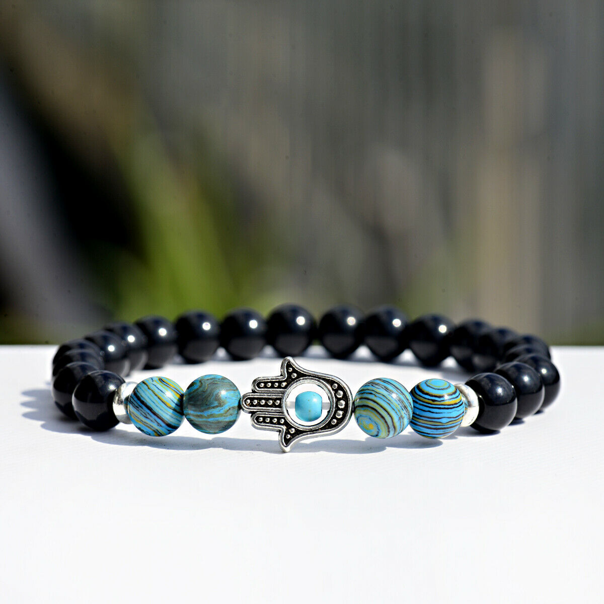 New Fashion Man Malachite Bracelets Lava Stone Stretch Hand Of Fatima Hamsa Hand