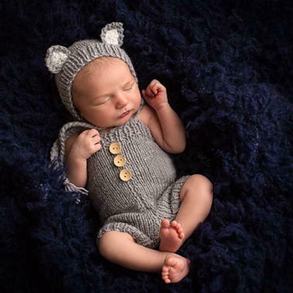 2pcs Cute Baby Studio Photography Props Clothing Set Knitted Overalls + Hat @