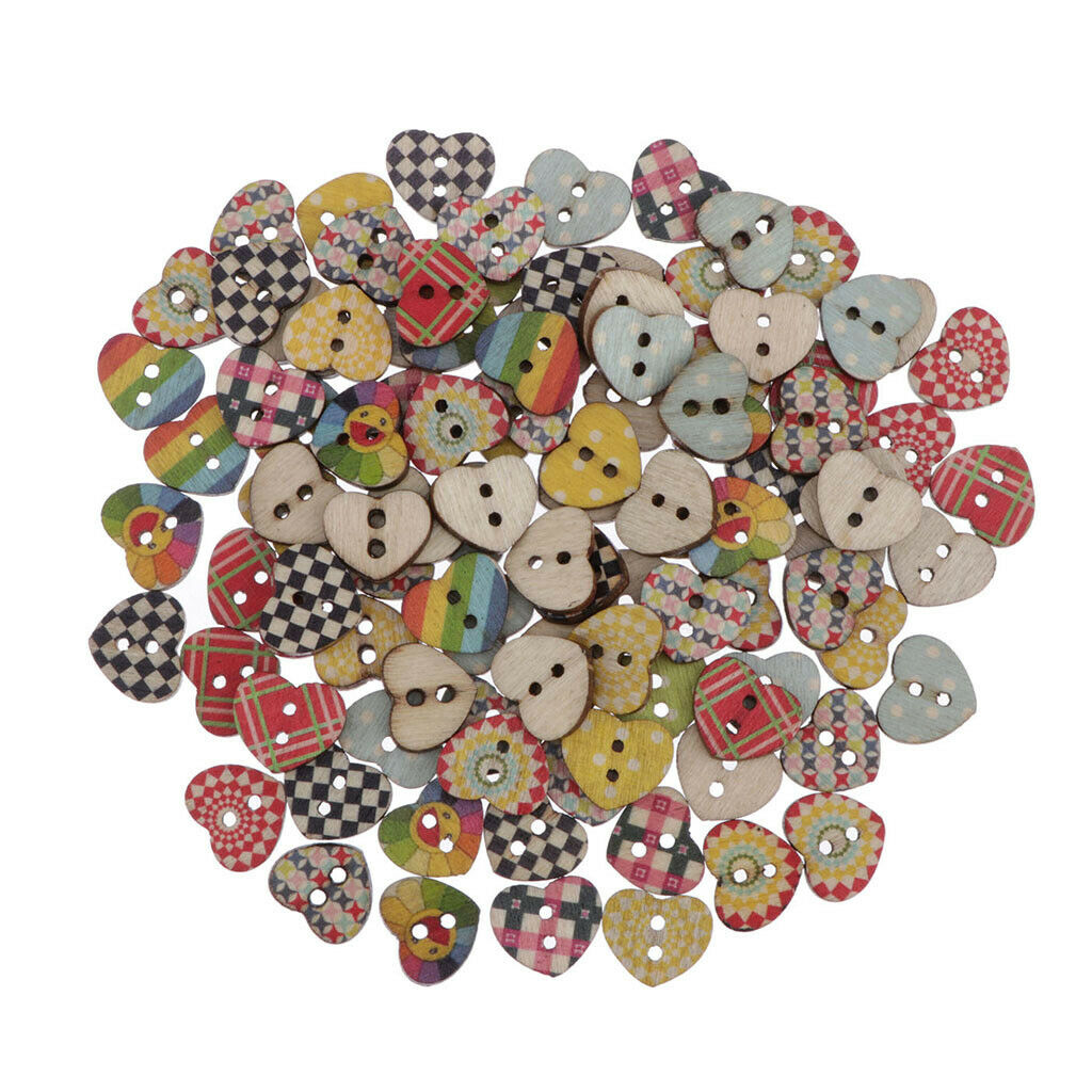 100-Pack Multicolored Heart Shaped 2 Holes Wooden Sewing Buttons for Crafts