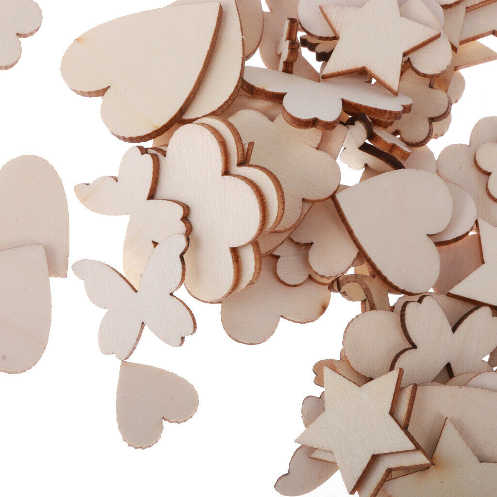 100pcs Assorted Wood Shape Heart Plum Flower Star Ebellishments For