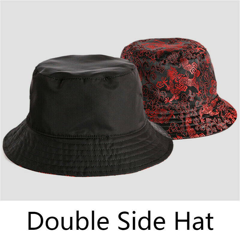 Unisex Chinese Dragon Embroidered Double Side Bucket Hat Fisherman Sun Cap Retro