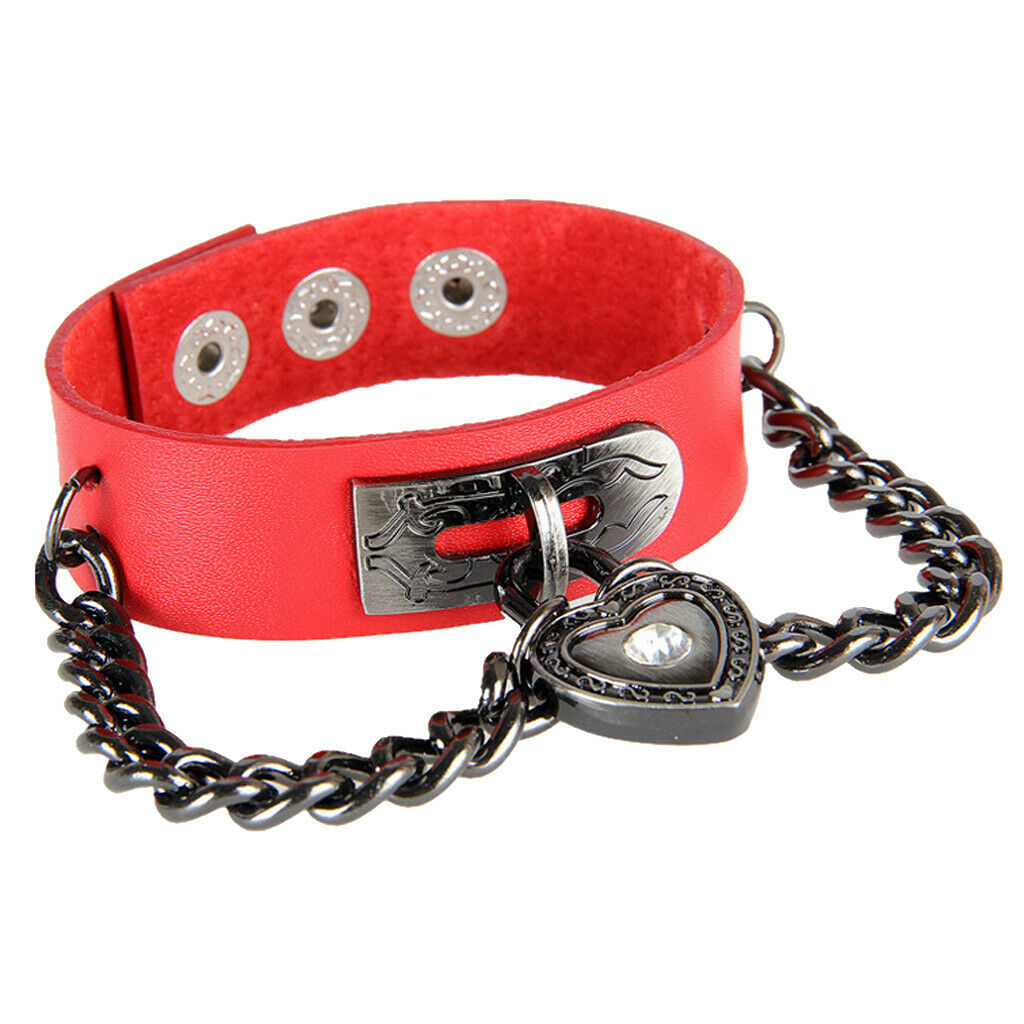 Punk Rock PU Leather Bracelet Wide Rock Metal Chain Wristband Cuff Red