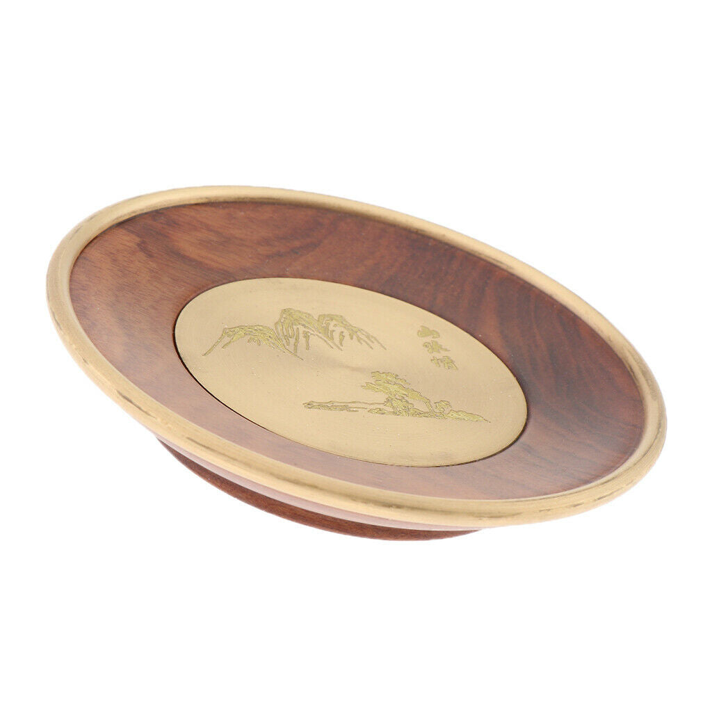 2 Pieces Wooden Tea Mat Copper Wrapped Edging Scenery Pattern