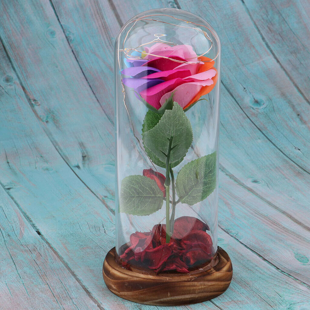 Flower and LED Light in Glass Dome on a Wooden Base Valentine Gift  A