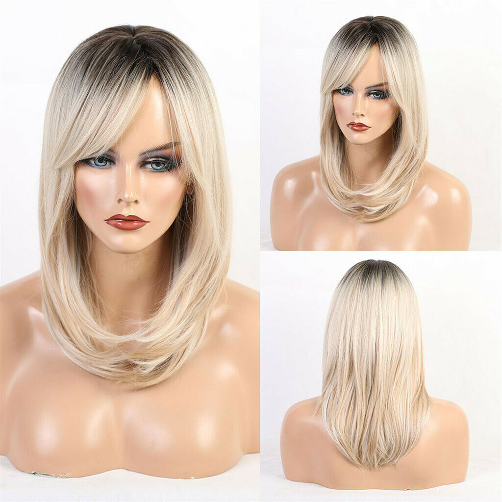 Ombre Wig for Women, Black Roots Ombre Golden Wig 18'' Medium Length Straight