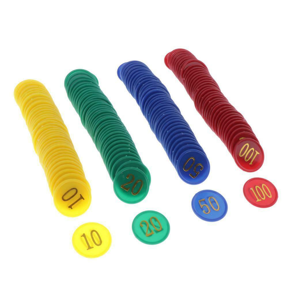 160 Counters Counting Chips Plastic Markers Mixed Colors Printed Denomination