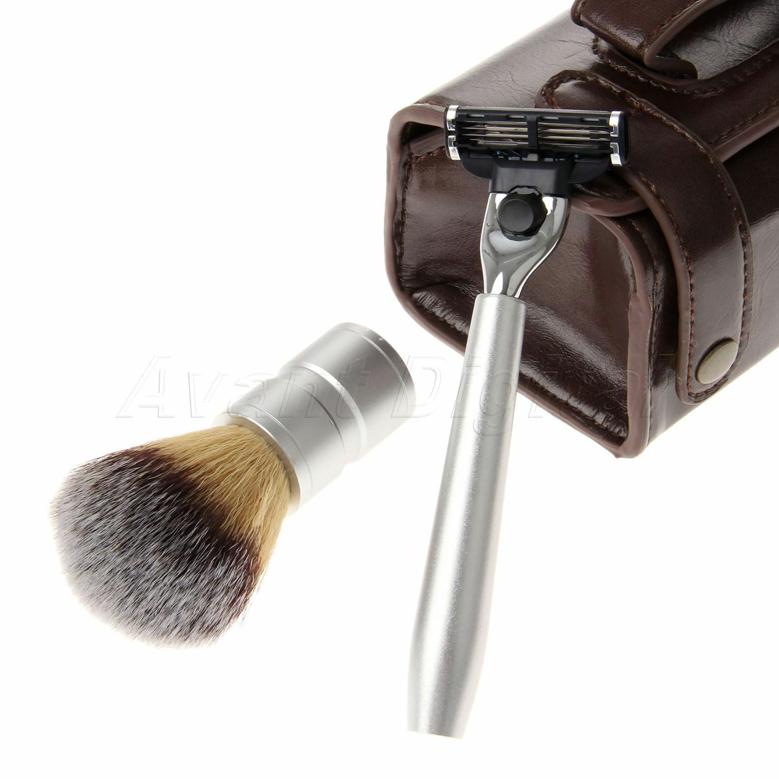 3 in 1 Men's Shaving Razor & Badger Hair Brush + PU Leather Case Bag Travel Use
