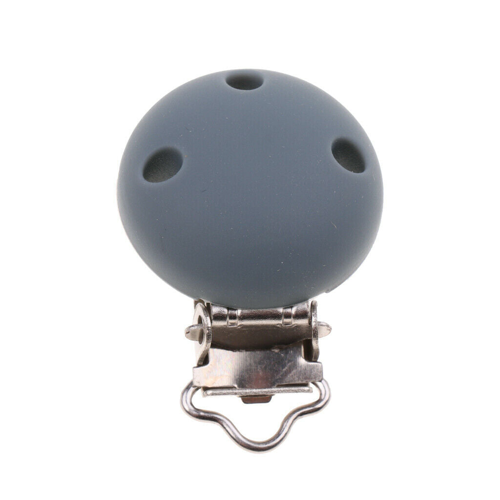 2Pcs Cute Baby Pacifier Round Silicone Soother Clip Metal Holders Clasp Gray