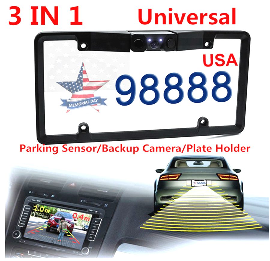 3In1 Car License Plate Frame Parking Sensor Radar Rearview Backup Camera Radar