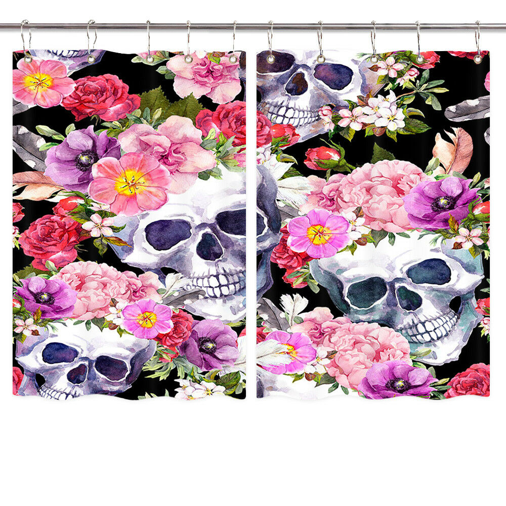 Flower and Skulls Window Treatments for Kitchen Curtains 2 Panels, 55X39 Inches