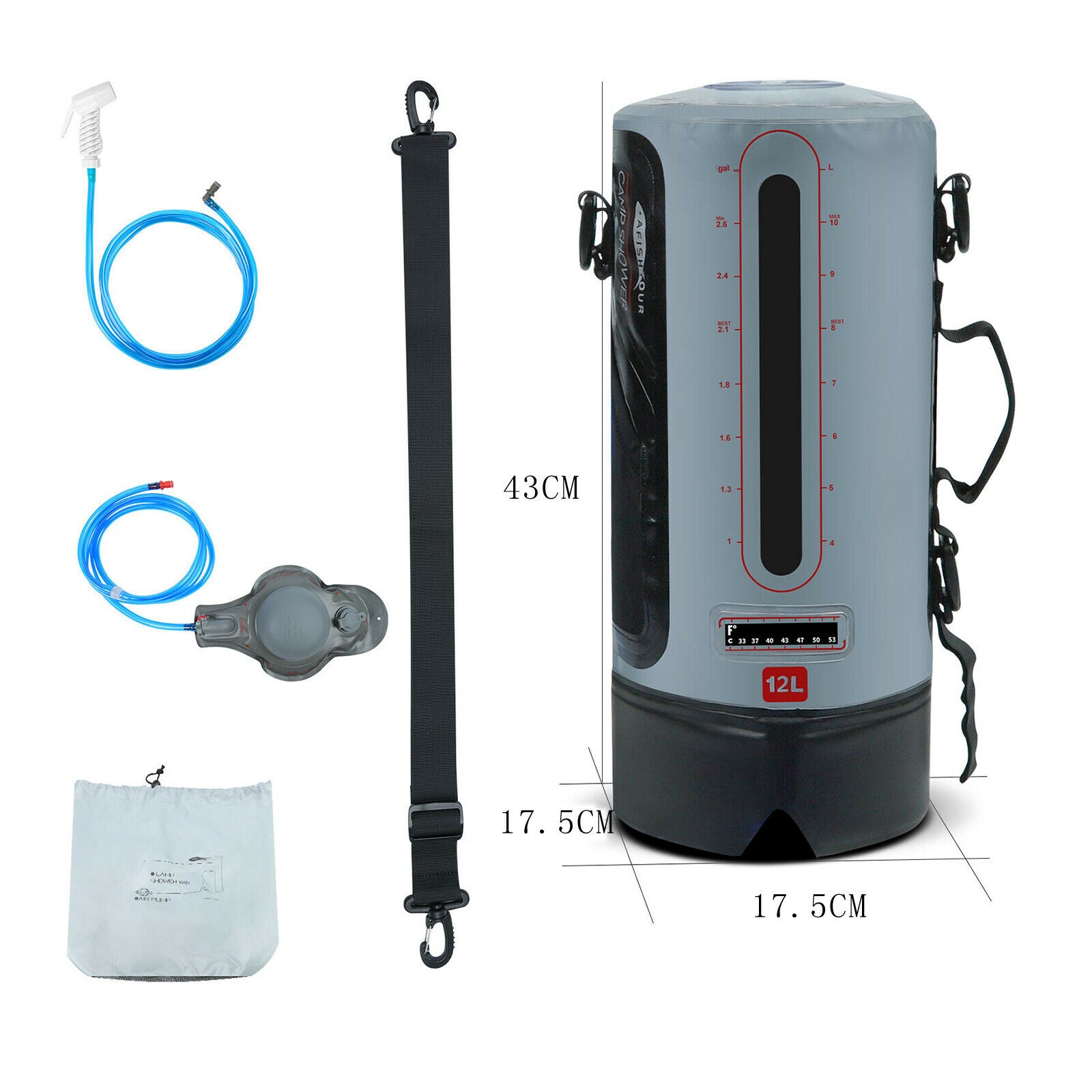 Outdoor Camping Portable Shower Foldable Solar Sun Heated Water Bag 12L