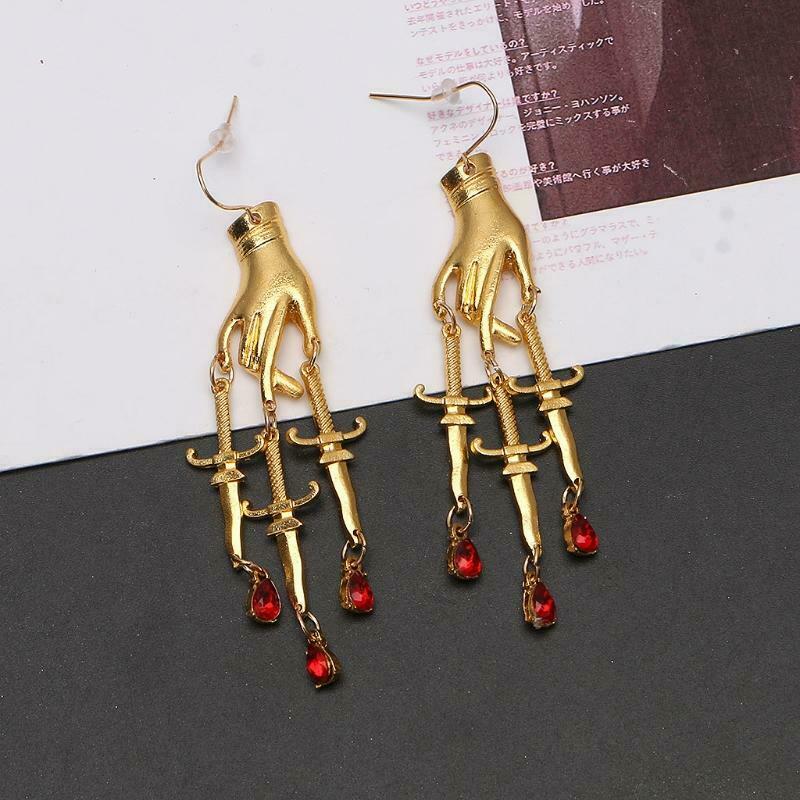 Golden Hand Dagger Drop Earrings Gothic Witchy Hand Red Crystal Dangle Earrings