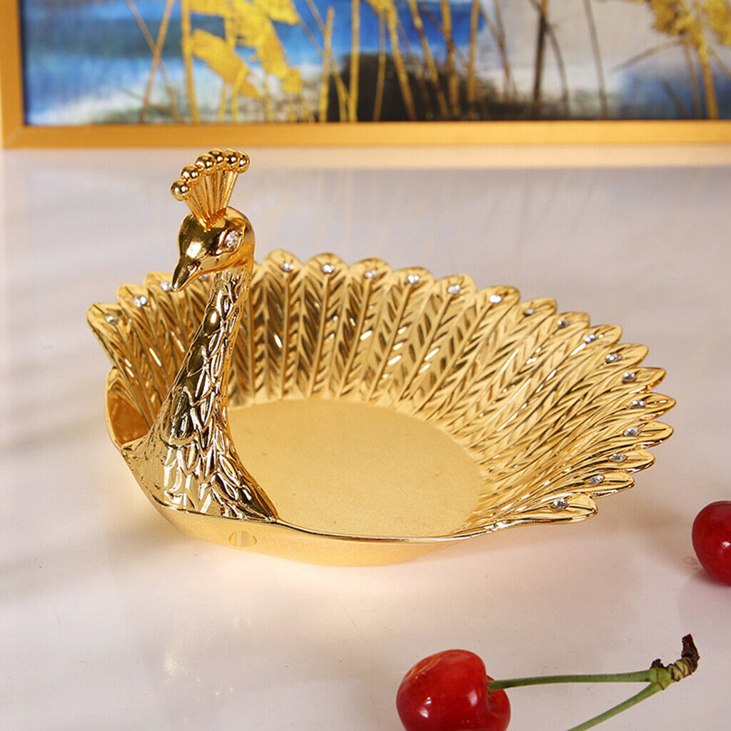 Metal Golden Peacock Fruit Plate Small Trinket Earrings Dish Snack Tray Bowl