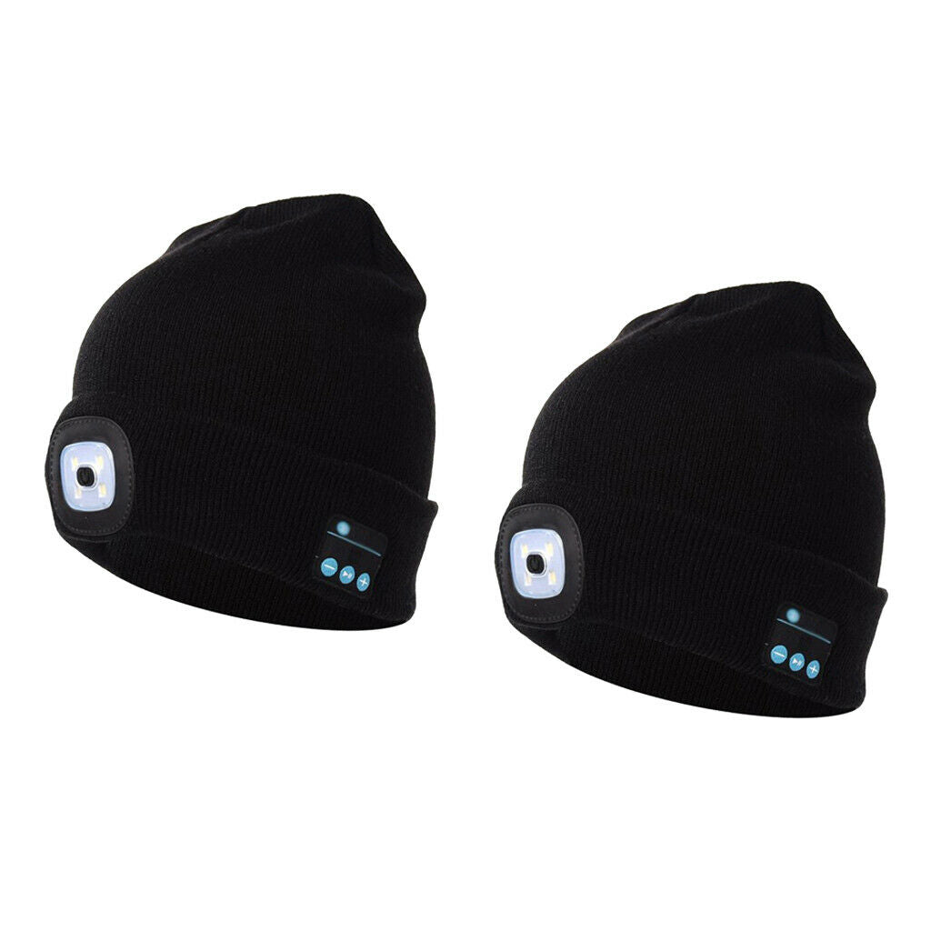2Pcs Unisex Bluetooth Beanie Hat with Stereo Headset Speaker Mic Black
