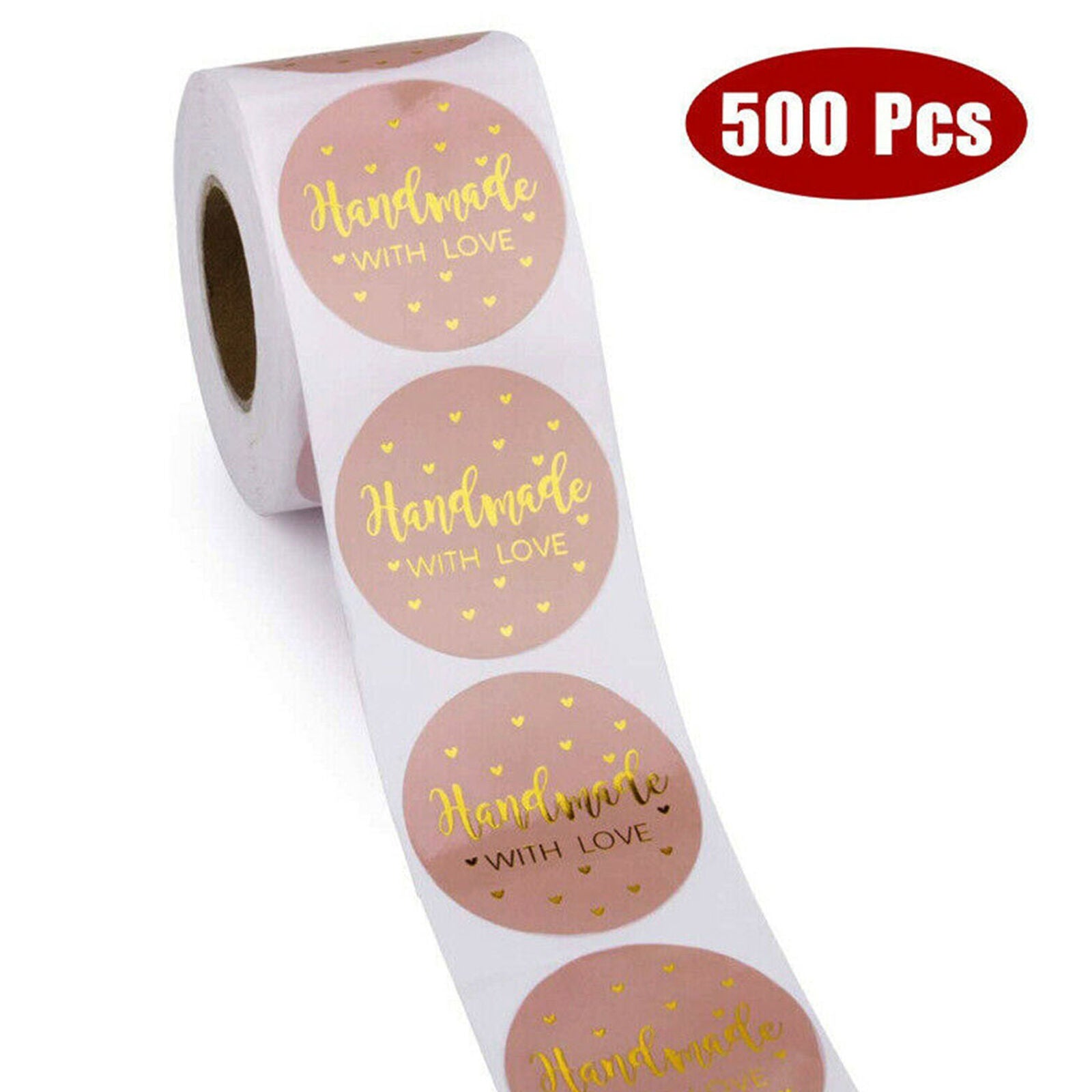 500x Hand Made With Love Stickers Homemade Labels Heart Round